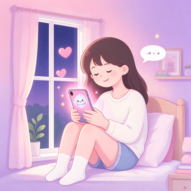 女孩深夜抱着手机与 lovemo AI 陪伴温馨聊天的插画